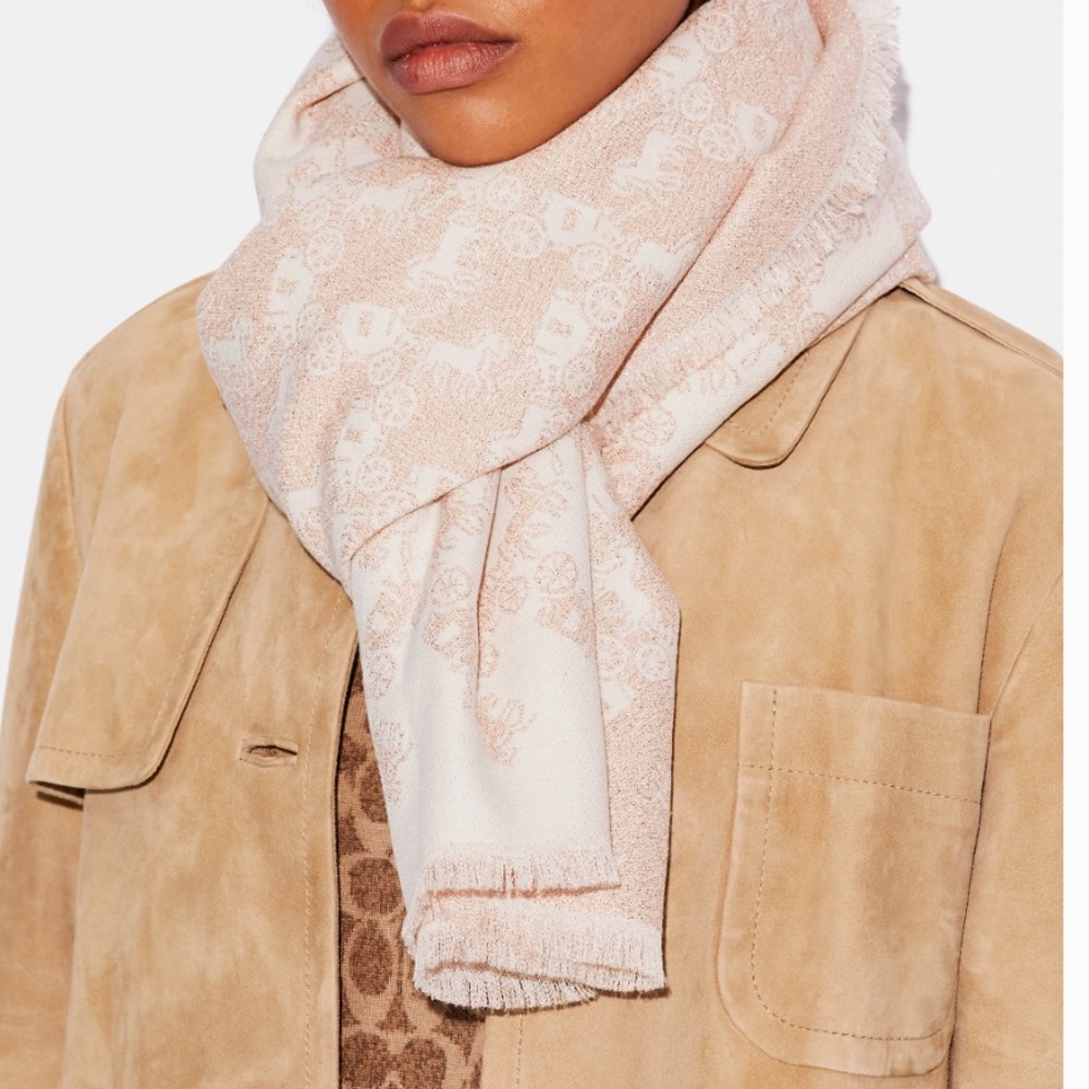 NWT Coach Horse Carriage scarf Shawl metallic white/pink boxed gift set  C6364